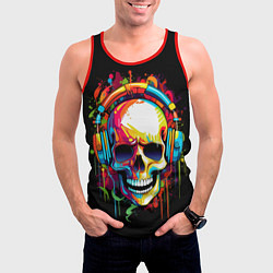 Майка-безрукавка мужская Яркий череп в наушниках нарисованный красками, цвет: 3D-красный — фото 2