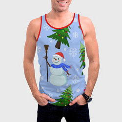 Майка-безрукавка мужская Снеговики с новогодними елками паттерн, цвет: 3D-красный — фото 2