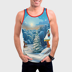Майка-безрукавка мужская Зимний домик и елка, цвет: 3D-красный — фото 2