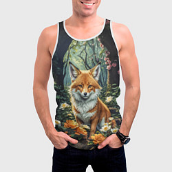 Майка-безрукавка мужская Лисица в лесу в цветах, цвет: 3D-белый — фото 2