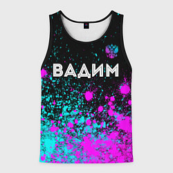 Майка-безрукавка мужская Вадим и неоновый герб России посередине, цвет: 3D-черный