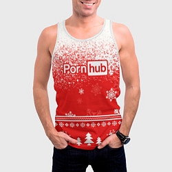 Майка-безрукавка мужская Порнхаб - красный новогодний паттерн, цвет: 3D-белый — фото 2