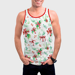 Майка-безрукавка мужская Елочные ветки и подарки с красным бантом акварелью, цвет: 3D-красный — фото 2
