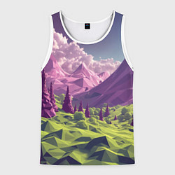 Майка-безрукавка мужская Геометрический зеленый пейзаж и фиолетовые горы, цвет: 3D-белый