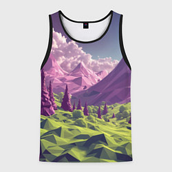 Майка-безрукавка мужская Геометрический зеленый пейзаж и фиолетовые горы, цвет: 3D-черный