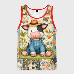 Майка-безрукавка мужская Прикольный телёнок и его друзья - пэчворк, цвет: 3D-красный