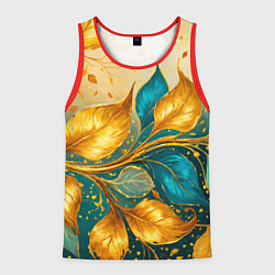 Майка-безрукавка мужская Листья абстрактные золото и бирюза, цвет: 3D-красный