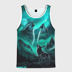 Майка-безрукавка мужская Волки воют на луну и северное сияние, цвет: 3D-белый