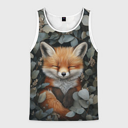 Майка-безрукавка мужская Спящий лисёнок в листве, цвет: 3D-белый