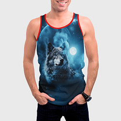 Майка-безрукавка мужская Волк ночное синее небо, цвет: 3D-красный — фото 2