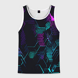 Майка-безрукавка мужская Розово-голубые точки и линии на чёрном фоне, цвет: 3D-белый