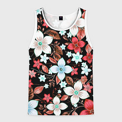 Майка-безрукавка мужская Красно-белые цветы на чёрном фоне, цвет: 3D-белый