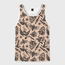 Майка-безрукавка мужская Татуировка с цикадой и демоном Они - паттерн, цвет: 3D-белый