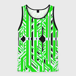 Майка-безрукавка мужская Бело-зелёные техно полосы на чёрном фоне, цвет: 3D-черный