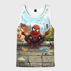 Майка-безрукавка мужская Маленький человек-паук в городе, цвет: 3D-белый