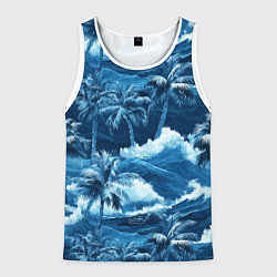Майка-безрукавка мужская Пальмы и волны - голубые оттенки паттерн, цвет: 3D-белый