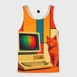 Майка-безрукавка мужская Кот и винтажный компьютер ретрофутуризм поп-арт 19, цвет: 3D-белый