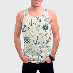 Майка-безрукавка мужская Морской паттерн из штурвалов, чаек и якорей, цвет: 3D-белый — фото 2