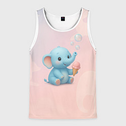 Майка-безрукавка мужская Маленький слоненок с мороженым пускает пузыри, цвет: 3D-белый