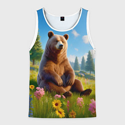 Майка-безрукавка мужская Русский мишка сидит на траве, цвет: 3D-белый