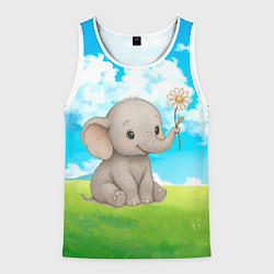 Майка-безрукавка мужская Слоненок с цветочком, цвет: 3D-белый