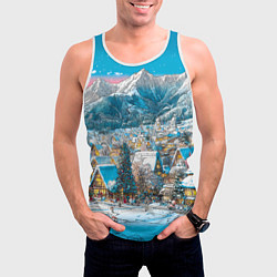 Майка-безрукавка мужская Новогодняя деревушка в горах, цвет: 3D-белый — фото 2