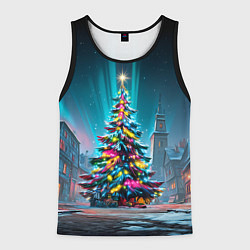 Майка-безрукавка мужская Новогодняя елка в гирляндах, цвет: 3D-черный