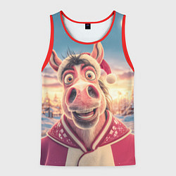 Майка-безрукавка мужская Счастливая новогодняя лошадь, цвет: 3D-красный