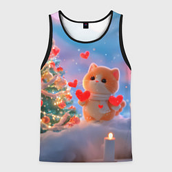 Майка-безрукавка мужская Рыжий котенок в сердечках у елочки, цвет: 3D-черный