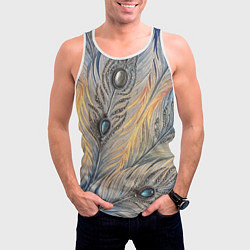 Майка-безрукавка мужская Синие перья с самоцветами, цвет: 3D-белый — фото 2