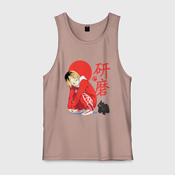 Майка мужская хлопок Кенма Козуме с котиком Haikyuu, цвет: пыльно-розовый