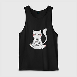 Майка мужская хлопок Белый кот с кофе, цвет: черный