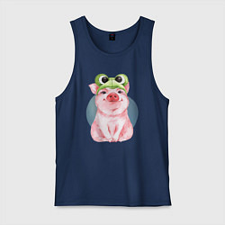 Майка мужская хлопок Милый поросенок в шапке-лягушке, цвет: тёмно-синий
