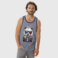 Майка мужская хлопок Прикольный панда с попкорном и колой, цвет: синяя тельняшка — фото 2