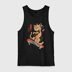 Майка мужская хлопок Кот самурай скейтбордист, цвет: черный