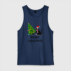 Майка мужская хлопок Кот валит новогоднюю ёлку, цвет: тёмно-синий