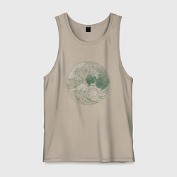 Майка мужская хлопок Тоторо серфит на большой волне в канагаве - зелены, цвет: миндальный