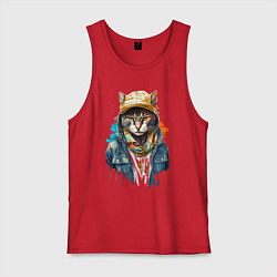 Майка мужская хлопок Кот репер, цвет: красный