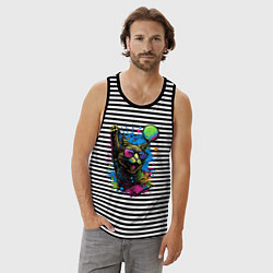 Майка мужская хлопок Кот тусовщик, цвет: черная тельняшка — фото 2