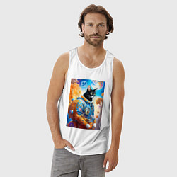 Майка мужская хлопок Котяра крутой космонавт - нейросеть, цвет: белый — фото 2