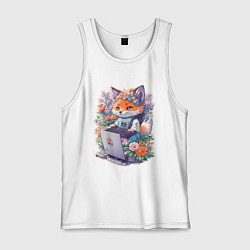 Майка мужская хлопок Лиса геймер за компьютером, цвет: белый