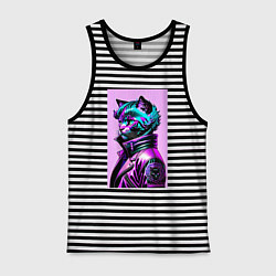 Майка мужская хлопок Прикольный фиолетовый котейка - нейросеть, цвет: черная тельняшка