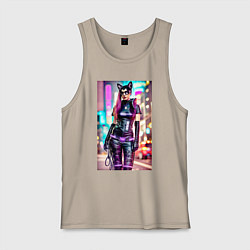 Майка мужская хлопок Cyberpunk - cat girl - neural network, цвет: миндальный