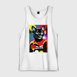 Майка мужская хлопок Черная кошка с сердцем: поп-арт - нейросеть, цвет: белый