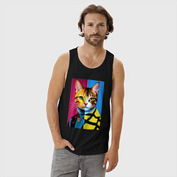 Майка мужская хлопок Портрет модного кота - поп-арт, цвет: черный — фото 2