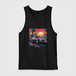 Майка мужская хлопок Ретро машина и футуристический город на закате, цвет: черный
