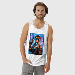 Майка мужская хлопок Крутая девчонка с пистолетом - киберпанк, цвет: белый — фото 2