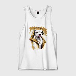 Майка мужская хлопок Белая собака репер в наушниках с золотой цепью, цвет: белый