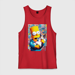 Майка мужская хлопок Bart Simpson with a kitten - ai art, цвет: красный