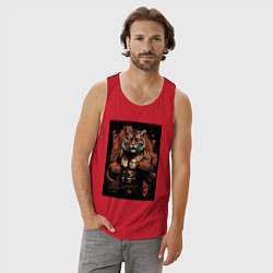 Майка мужская хлопок Тайский бокс тигр в стойке, цвет: красный — фото 2